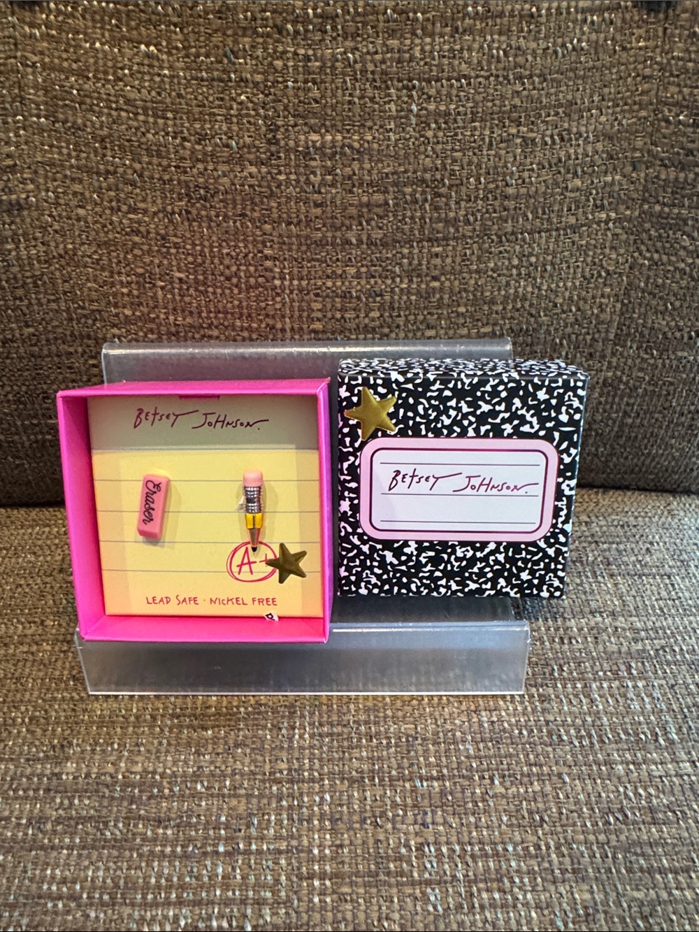 Betsey Johnson Pink and Yellow Pencil & Eraser Stud Earrings NIB